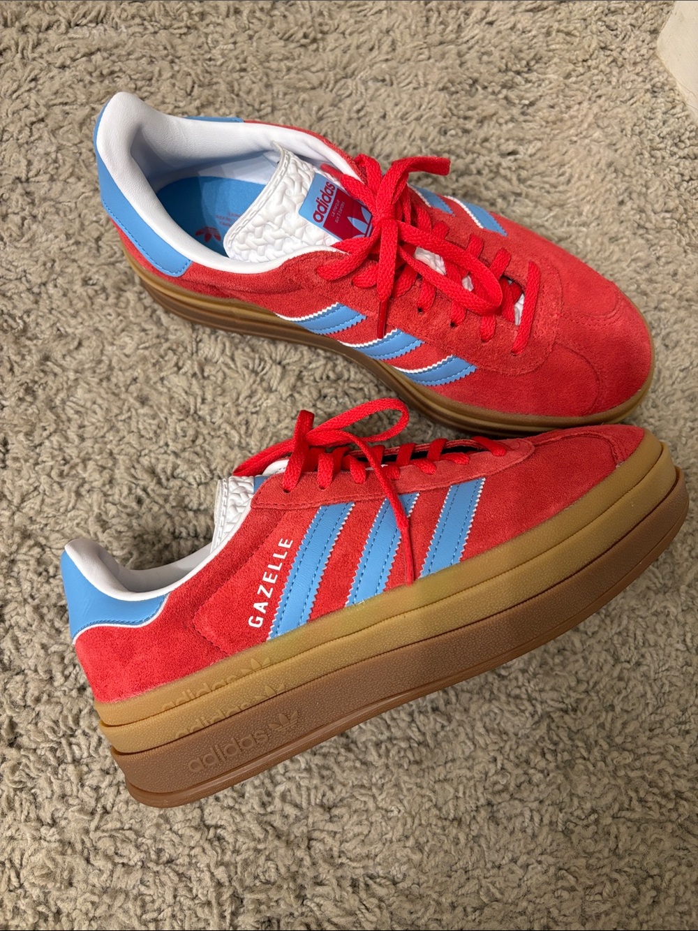 adidas Red Suede Sneakers with Light Blue Stripes - Picture 2 of 4